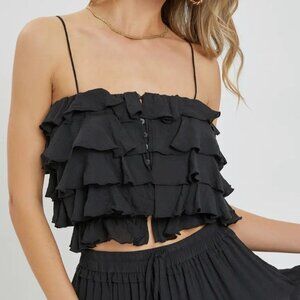 Sweet Lovely‎ By Jen Black layered Ruffle Crop Top Adjustable Spaghetti Straps